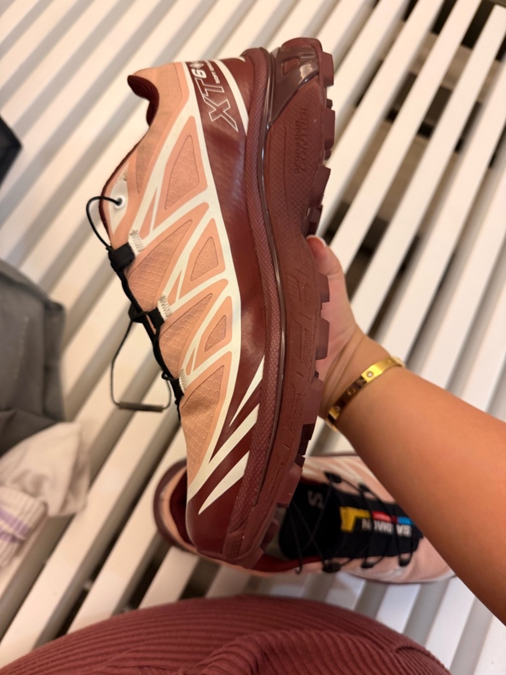 Salomon Pink Trail Sneakers with Burgundy Trim and Color Accents - Picture 2 of 7